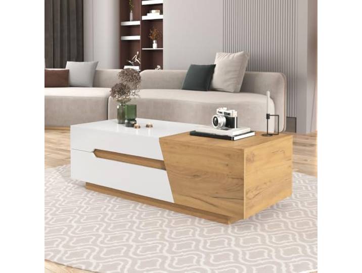 I0I&I0I TV-Schrank Weiß Holzoptik, Wandhängend oder Bodenstehend, Niedriges TV-Möbel mit Offenem Stauraum fürs Wohnzimmer (Natural + White + MDF)