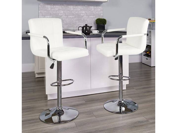 MIPAN.Lot De 2 Tabourets De Bar À Dossier Rembourré Et Réglable-Avec Accoudoirs-Blanc-Ergonomiques-Pour Comptoirs De Cuisine