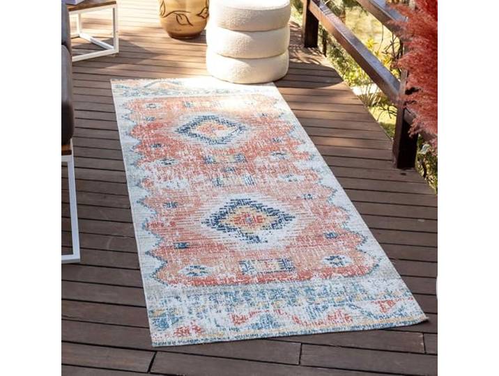 Surya Lusaka Tapis Exterieur Terrasse\, Balcon\, Véranda\, Patio - Tapis de Couloir Géométrique Scandinave\, Boheme Chic Oriental - Tapis Jardin Extérieur et Intérieur Moderne 80x220cm - Orange\, Bleu