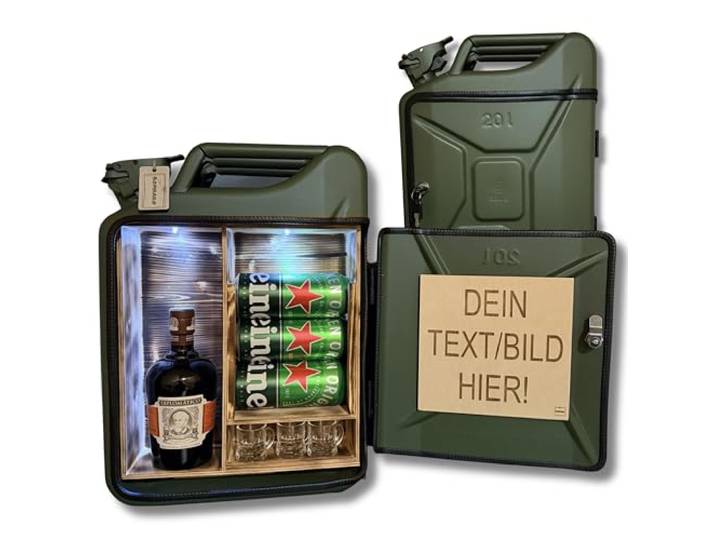 Bombaro 20L Kanister Mini Bar Premium I Maximal personalisierbar mit Gravur & LED Beleuchtung I 3 Gläser I Jerrycan I Mobile Kanister Bar Geschenk für Männer I Abschließbare Minibar I Bier Geschenk