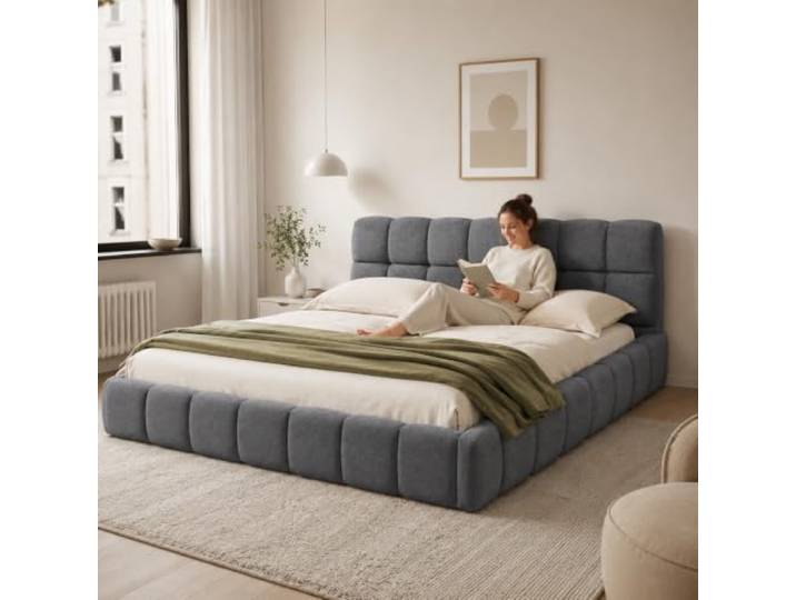 Bubble Bett 140x200 cm,Polsterbett 140x200 mit Lattenrost,Leinen Grau Cloud Bett,Bis 250KG,Jugendbett 140x200 mit Rückenlehne Kopfteil,Wolkenbett Bettgestell, Marshmallow Bed,Ohne Matratze