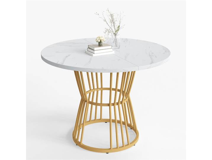 Redom Esstisch aus MDF mit Marmormuster & Metallgestell, Ø 100/75 cm, Gold, Goldfarben, 100x75x100 cm, Esszimmer, Esstische