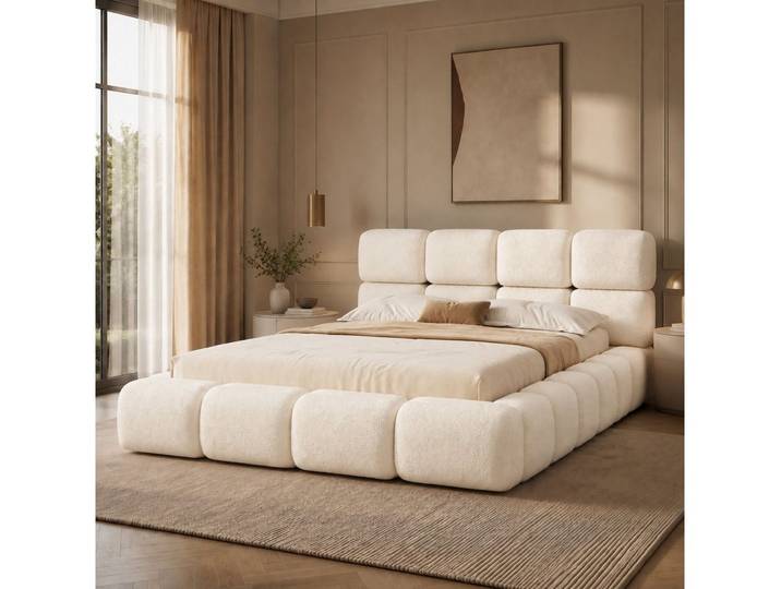 HAUSS SPOLE Polsterbett 160x200 Doppelbett ohne Bettkasten,Funktionsbett mit Lattenrost,Weiß (Bouclé-Bett Komfortbett mit gepolstertem Kopfteil und Wolken-Design, ohne Matratze), mit abgerundeten Ecken