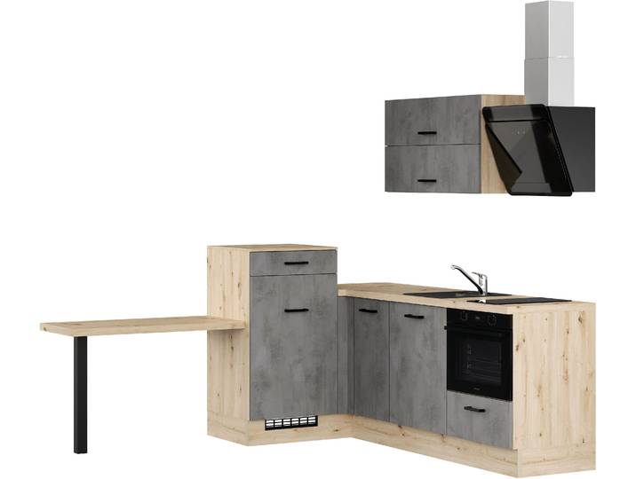 Winkelküche IMPULS KÜCHEN Amsterdam mit zusätzlicher Arbeits- & Stellfläche, vormontiert , grau (küche: grau, korpus: eiche, nachbildung hell, arbeitsplatte: eiche, nachbildung hell), B:350cm H:206,2cm T:60cm, Komplettküchen-Sets, Küchenzeile, Ausrichtung wählbar, wahlweise mit E-Geräten, Breite 225/125cm