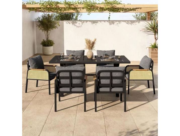 Ensemble Mobilier de Jardin design unique 1 table + 6 chaises couleurs noir et naturel alliant praticité et SALON BAS DE JARDIN