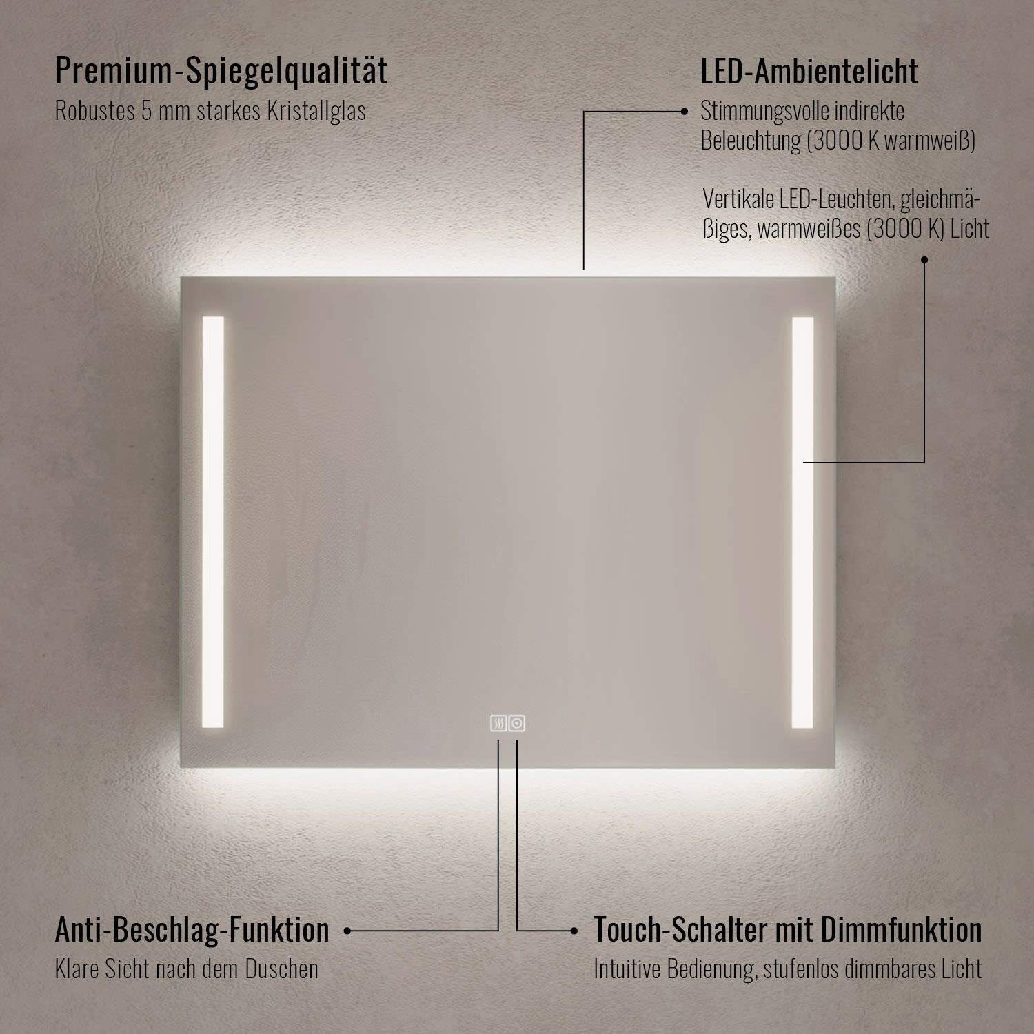 Kronenbach Sun Lichtspiegel 80 x 60 cm mit LED Seiten- und Hintergrundbeleuchtung, Spiegel, US806082KBSNLEDN,