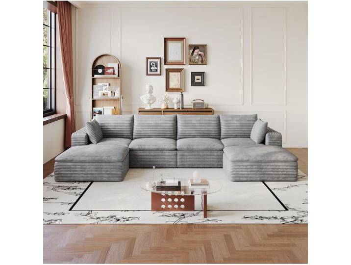 Canapé panoramique modulable 6 places sans montage - ELVMI - coussins déhoussables tissu côtelé gris