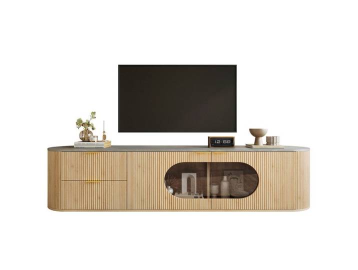 Armoire de télévision minimaliste moderne en bois portes d'armoires à rayures verticales 3D armoire de vitrine ovale en verre gris