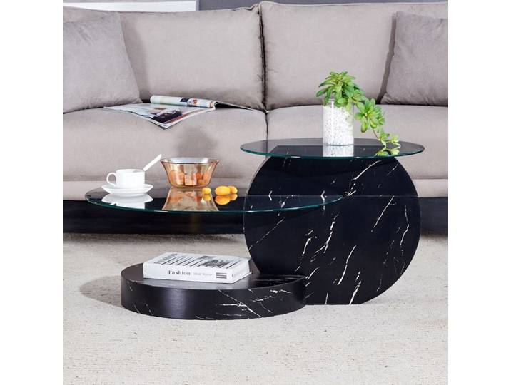 Table basse moderne noire et transparente en verre trempé avec étagères