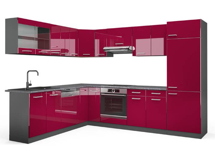 Eckküche Vicco R-Line Rot Hochglanz/Anthrazit 287 x 227 cm, AP Anthrazit, Model 43302