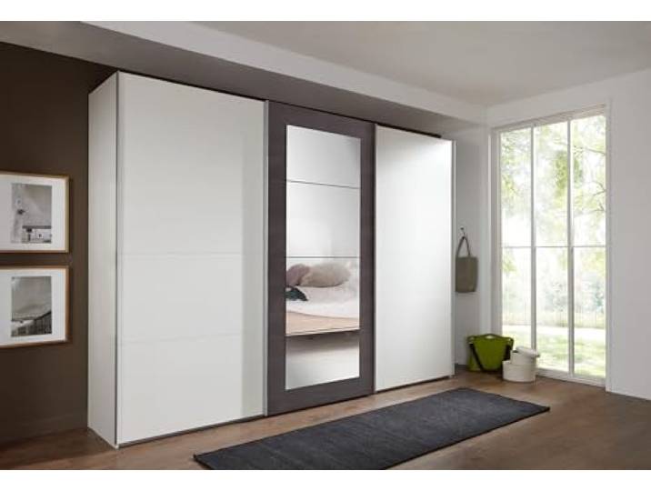 möbelando Schwebetürenschrank >Minden< in Weiss + RAW Steel - 270x208x65cm (BxHxT)