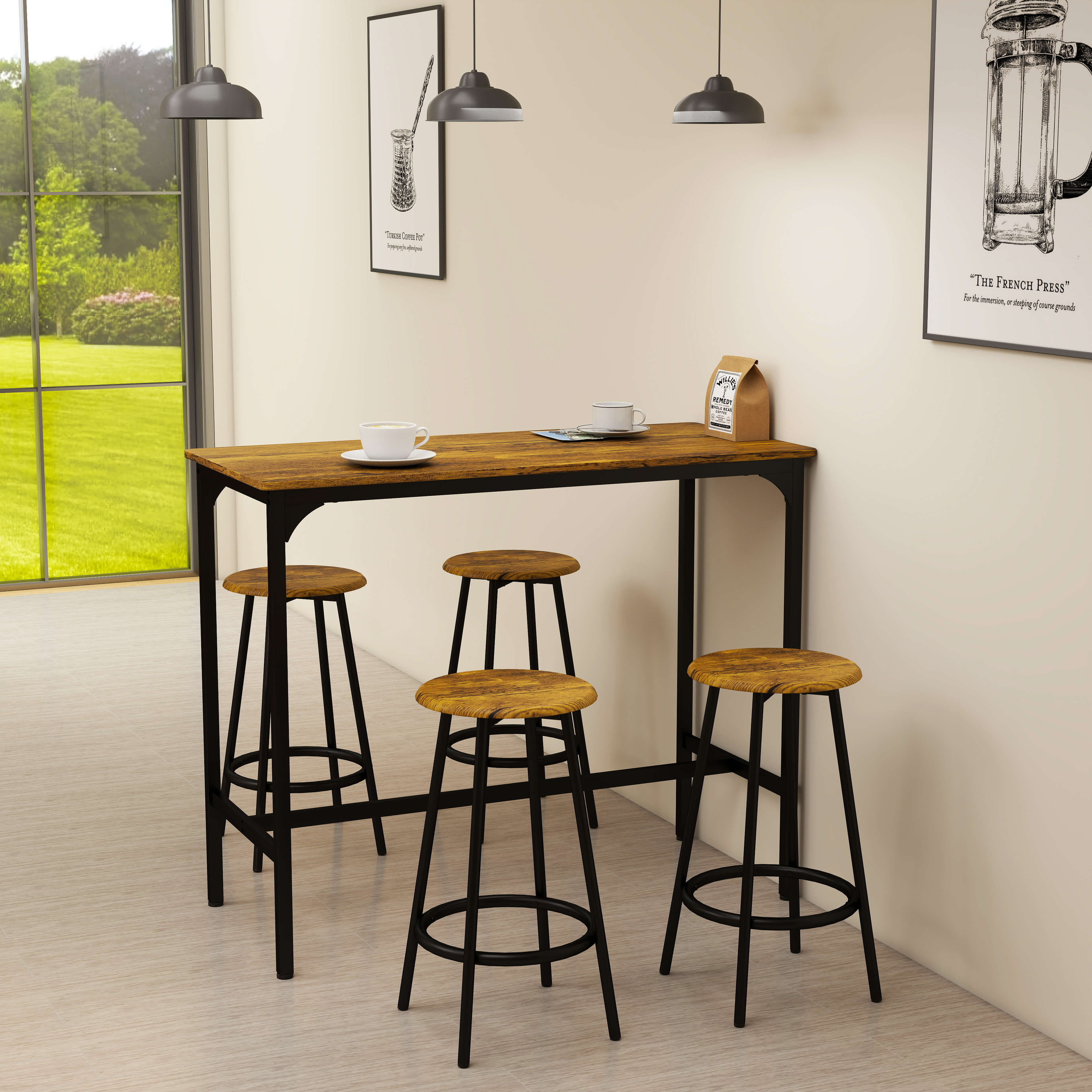 Homcom Set da Bar 5 pezzi con Tavolo alto e 4 Sgabelli Stile Industriale, Marrone e Nero Aosom