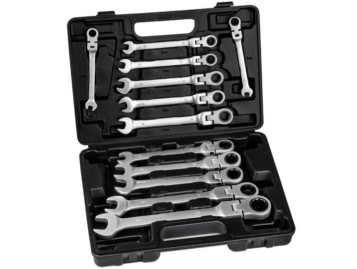 Ratschenschlüssel Set mit flexiblen Gelenkköpfen 12-tlg. - schwarz