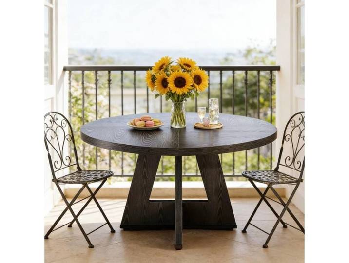 ROVRYN table a manger ronde 120 cm 4 personnes style campagne bois d'ingenierie noir