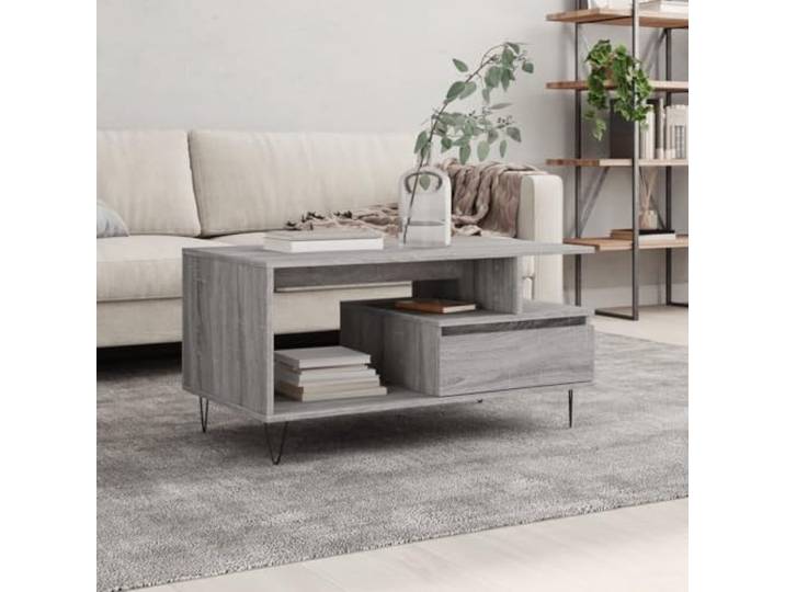 Couchtisch Grau Holzwerkstoff 90x49x45 cm mit Schublade und Metallbeinen Mit Schublade, Metallbeine, pflegeleichte Oberfläche, kompakte Abmessungen, modernes Design