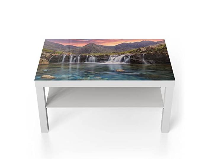 DEQORI Glastisch weiß groß 90x50 cm Motiv Wasserfälle im Abendlicht ausgefallener Beistelltisch aus Glas Hochglanz Couchtisch fürs Wohnzimmer moderner Couch Tisch mit Design