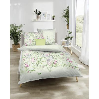 Bettwäsche KAEPPEL "Pagode", grün (lind), B/L: 135cm x 200cm, 1 Stk., 1 Stk., Mako-Satin, B/L: 80cm x 80cm, 2 Stk., Mako-Satin, Obermaterial: 100% Baumwolle, Bettwäsche, Bettwäsche, Mit Blumen