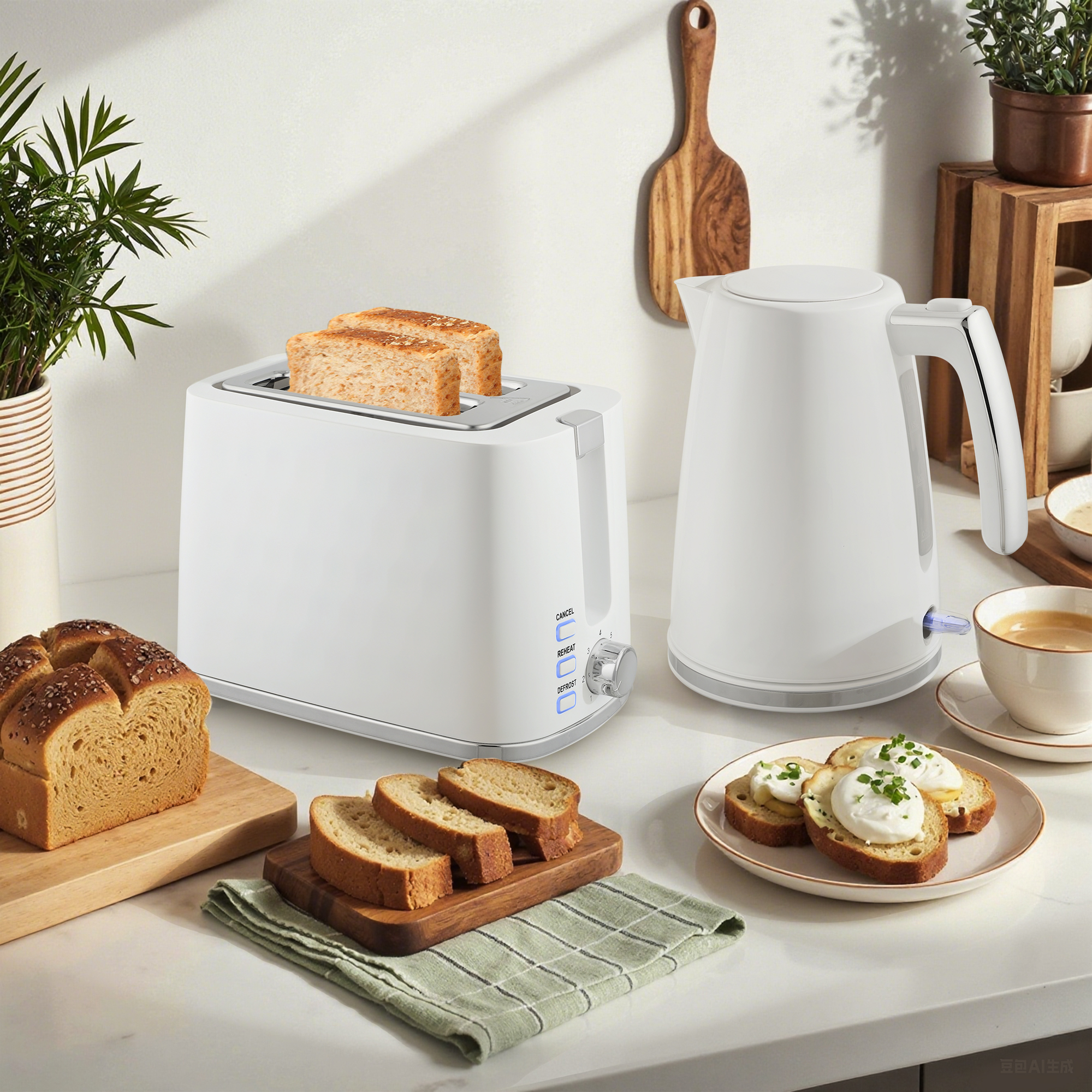 Homcom Set Bollitore Elettrico da 1.7L 2200W con Termostato e Tostapane Doppio con 7 Livelli di Doratura, Bianco   Aosom Italy