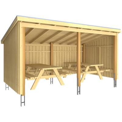 Gartenhaus PLUS "Nordic", beige (natur), Holzwerkstoff, Gartenhäuser, Gartenhaus, Picknickhütte 9,5 m² inkl. Picknicktische, Dachpappe/Aluleisten/H-Füße