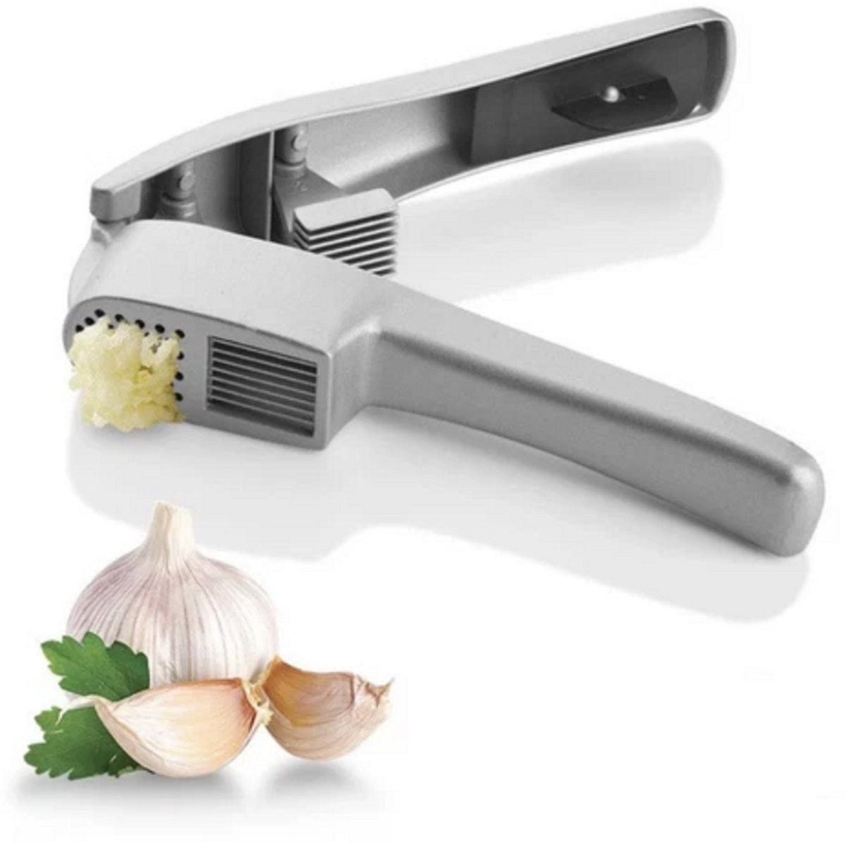 Multifunctionele knoflookpers van roestvrij staal met ergonomische grip, zilver