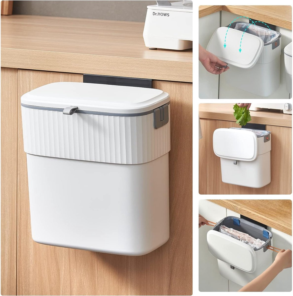 Hangende prullenbak met deksel en flip-lid, 10 liter, wit