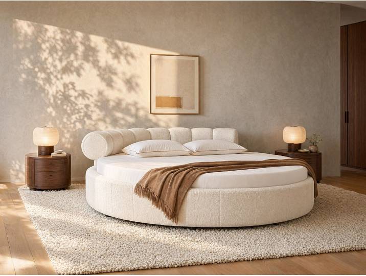 Bett rund + Matratze - 220 x 220 cm - Bouclé-Stoff - Weiß - ROGILA