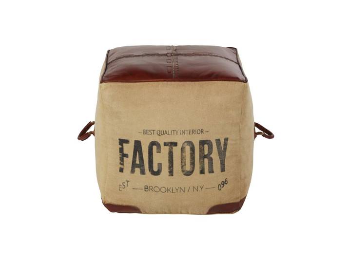 Pouf carré en coton et cuir marron