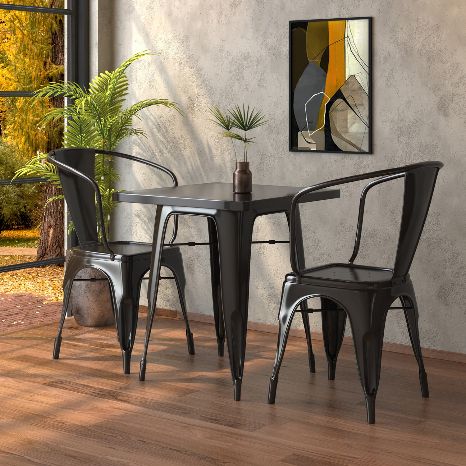 CALIFORNIA | Tolix Tisch- & Stuhl-Set | 2x Arm-Stuhl | 70x70cm | Schwarz | Tolix Stuhl, Industrie Stuhl, Industrie Tisch