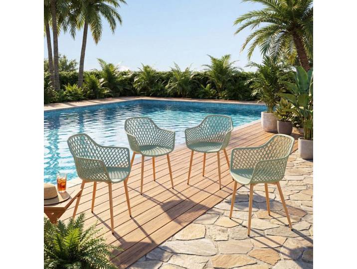 EGGREE Chaise de Jardin Lot de 4 Coque en PP Structure en métal Patins réglables en Hauteur Gris-vert