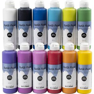 Creativ-Company Stoffmalfarben Textilfarbe, 12 Farben, für helle & dunkle Textilien, bis 40°C, 12x 250ml