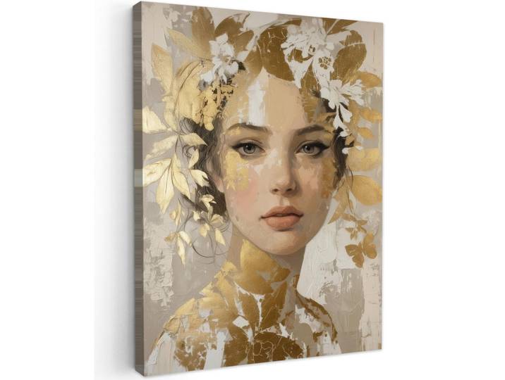 MuchoWow Leinwandbild - Gesicht - Frau - Blätter - Gold - 60x80 - Gemälde, Beige, Textil, Kiefer, Abstrakt, Rechteckig, 60x80 cm, gerahmt, Bilder & Rahmen, Bilder, Wandbilder