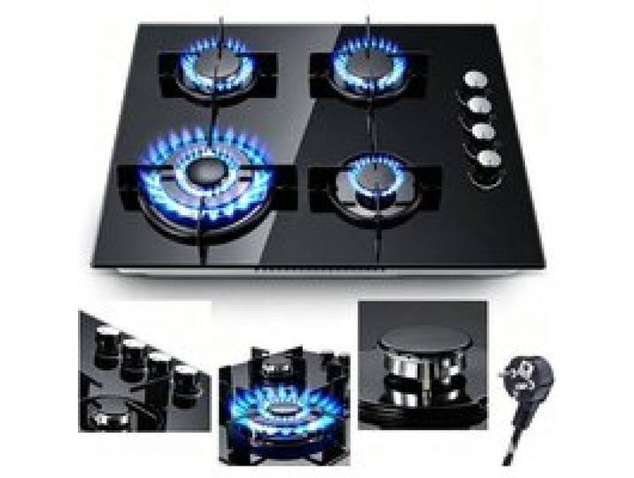 Plaque de cuisson Gaz plaque gaz encastrable 4 foyers Table Gaz L60 cm Gaz Naturel/GPL 8000 W Verre Noir