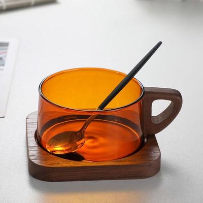 Uplift Essentials Glass American Latte Coffee Cup With Wooden Tray orange With Tray