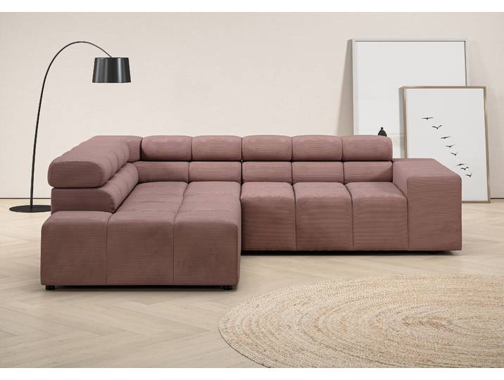 Ecksofa, Feincord, Altrosa 249×215 cm, Kopfteilverstellung & 3 Zierkissen, Modern, Inosign