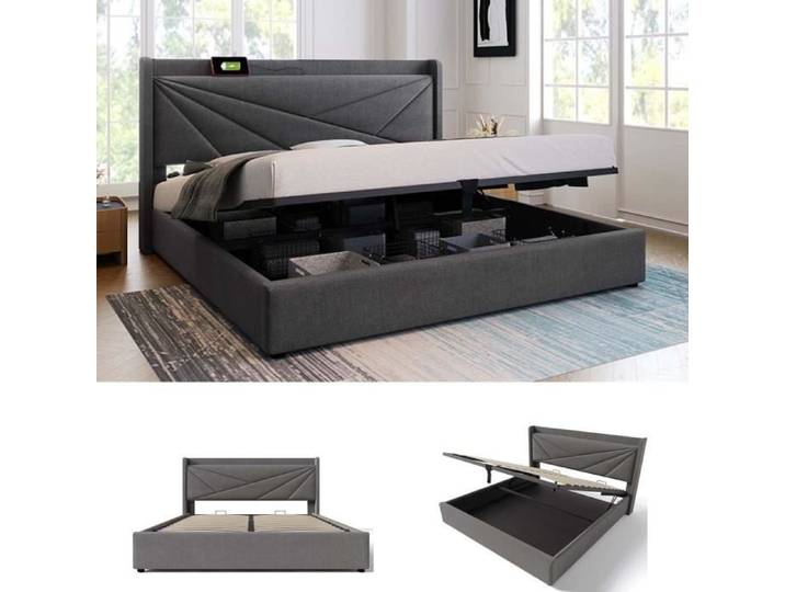 Lit coffre 180x200cm - MODERNLUXE - Gris - A lattes - Contemporain - Design