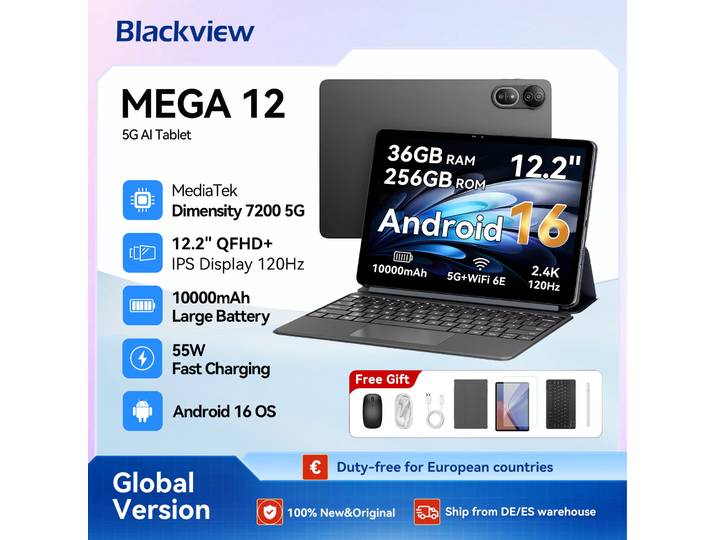 Tablette PC Blackview MEGA 12 5G Dimensity 7200, écran 12,2 pouces 2,4K 120Hz, étanche IP69K, 50MP, 10000mAh, pour études/emploi