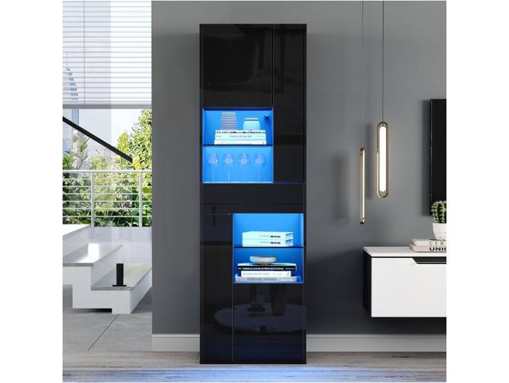 VUENOR Vitrine haute 55 x 38 x 170 cm noire brillante avec LED et 11 espaces de rangement
