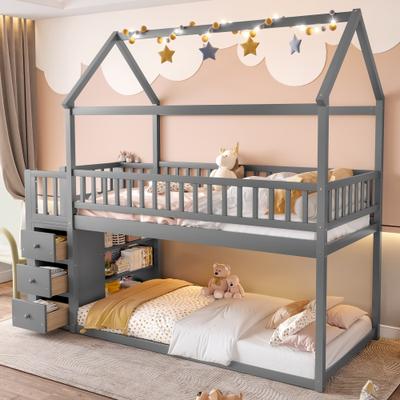 GREATPLANINC Twin over Twin Size House Bunk Bed with Storage Shelves & Drawers