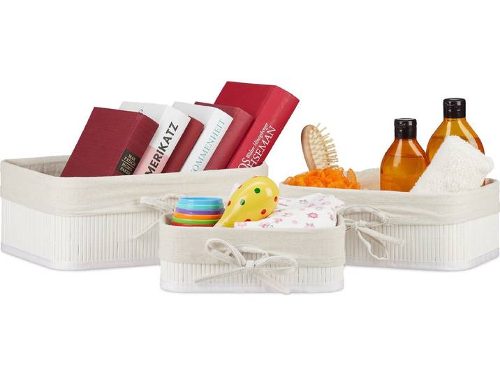 mandjes badkamer - set van 3 - bamboe - stof - speelgoed - stapelbaar - wit