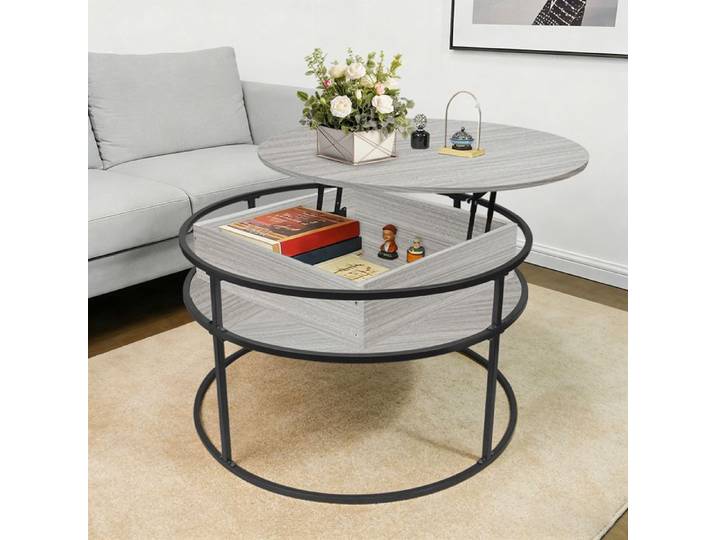 Table Basse Ronde Moderne Table Basse À Plateau Relevable pour Salon Table en Bois avec Rangement Caché et Plateau Relevable