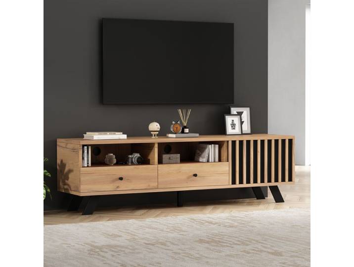 LPOSPI Meuble tv bas moderne avec 2 tiroirs et 1 porte meuble multimédia en panneau de particules - 150×38×44 cm couleur du bois