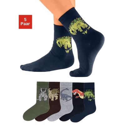 Socken H.I.S "Kindersocken Jugendliche Motivsocken", Mädchen, Gr. 23-26, bunt, Baumwolle, Elasthan, Polyamid, uni und gemustert, elastisch, Socken Socken Strümpfe Lange Socke, mit Dinosauriermotiven