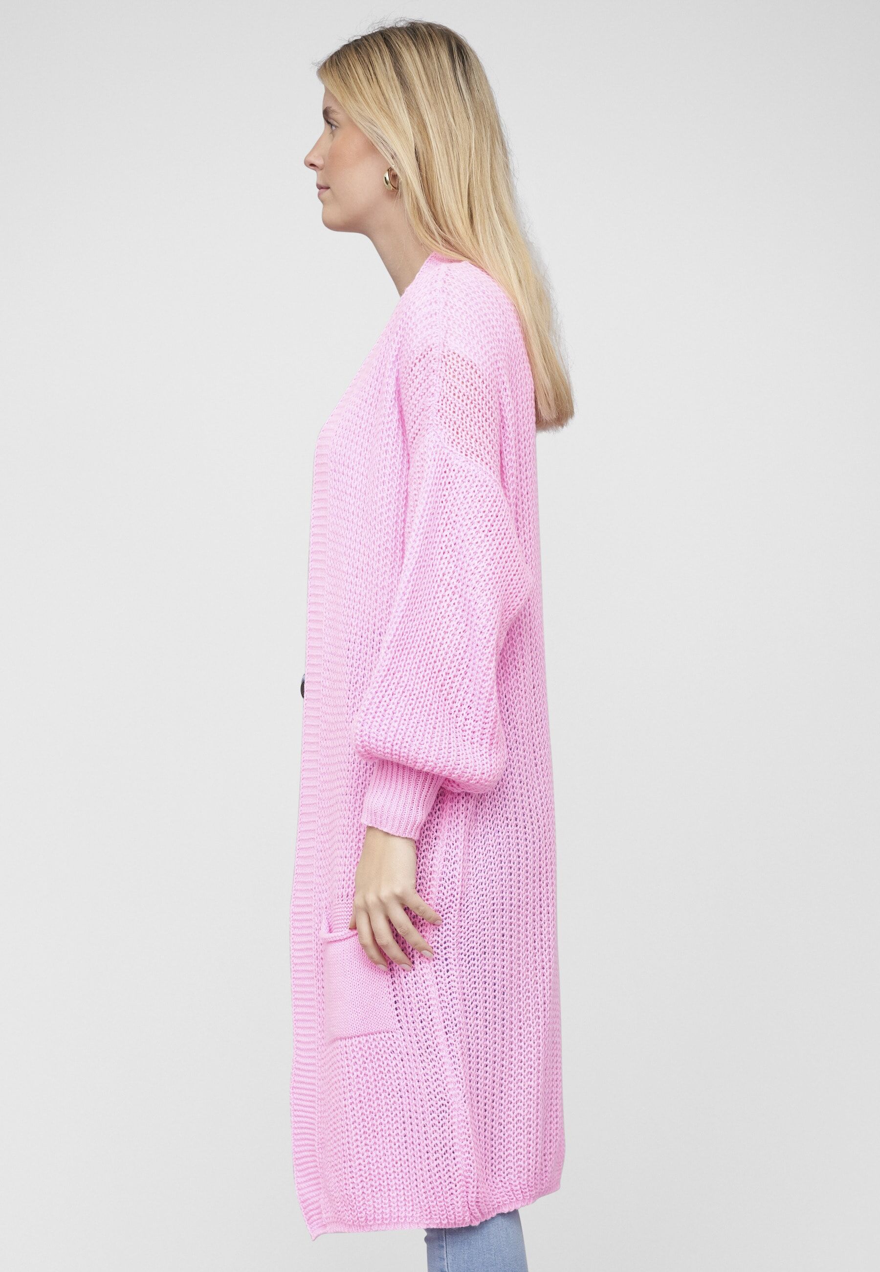Strickjacke CLOUD 5IVE "CLOUD 5IVE Cloud 5ive Longform Knit Cardigan with 2-Pockets", Damen, Gr. XS, rose, 100% Polyacryl, unifarben, normal, Rundhals, Strickjacken Strickjacke