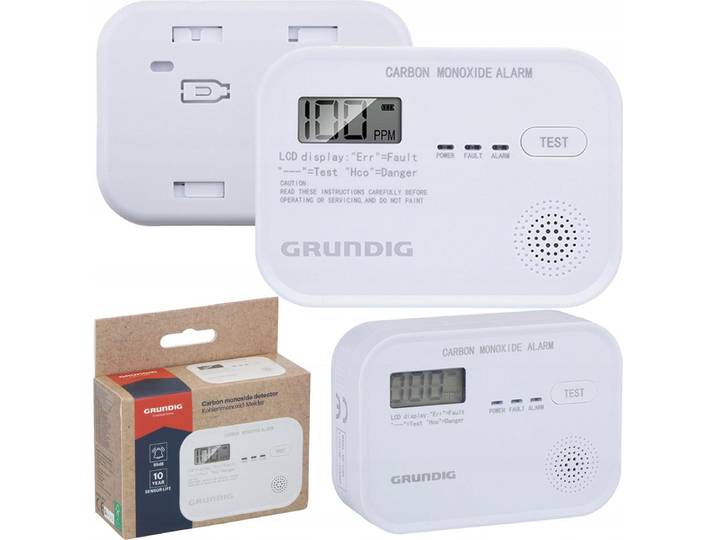 Grundig Détecteur de monoxyde de carbone Appareil de mesure du Co2 avec pile de 10 ans - Détecteur C02 avec écran LCD\, alarme de batterie faible et alarme de défaut de capteur - Alarme de 85 dB - Montage mural - Blanc