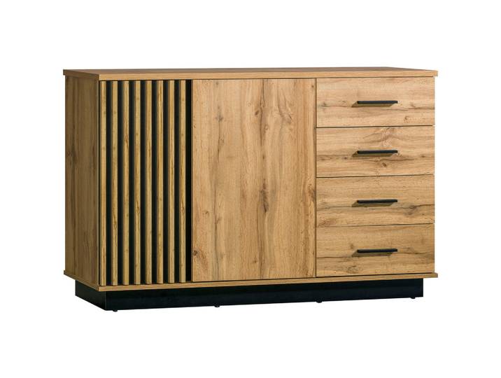 Milino Kommode, Schwarz, Eiche Wotan, 1 Fächer, 4 Schublade(n) Schubladen, 141.2x88.2x40 cm, Wohnzimmer, Kommoden & Sideboards, Kommoden