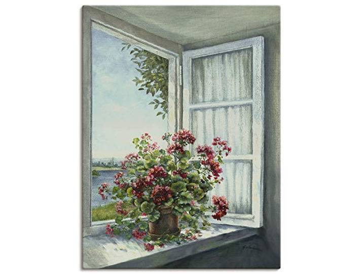 ARTLAND Wanddeko Leinwand Bilder Wandbild Fensterblick Fenster Blumen Botanik Geranie Malerei Landhaus Kunst T4DR