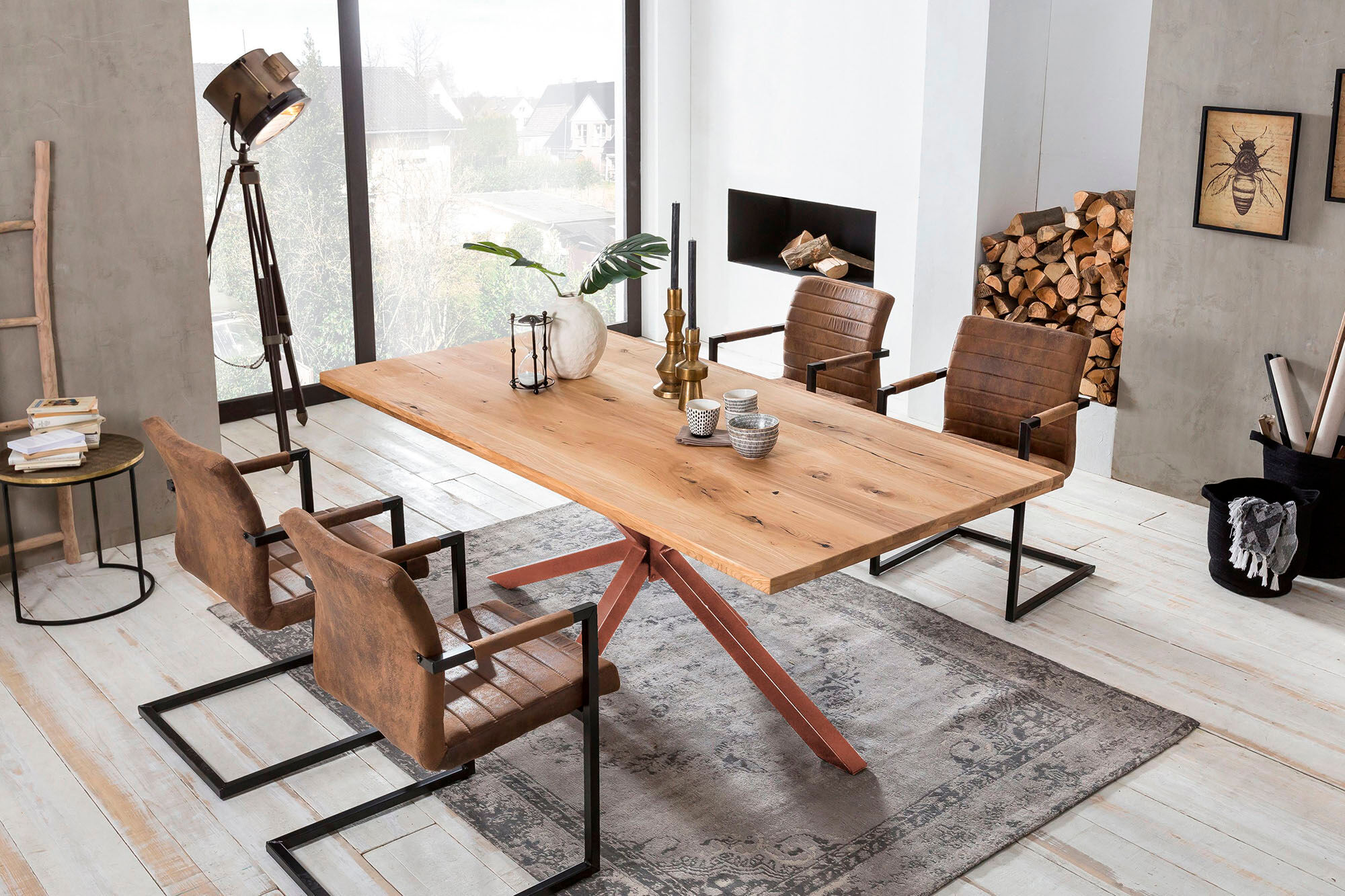 Esstisch SIT "Fargo aus Wildeiche natur mit Stern-Gestell aus Metall, Massivholz", braun (natur, antikbraun, antikbraun, natur), B:180cm H:76cm T:100cm, Platte Wildeiche, Gestell Metall, Tische, Esstisch, Markantes Stern-Gestell trifft auf massive Wildeic