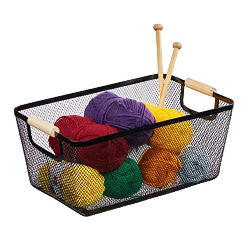 Relaxdays Metalen opbergmand met houten handvaten, zwart, mesh