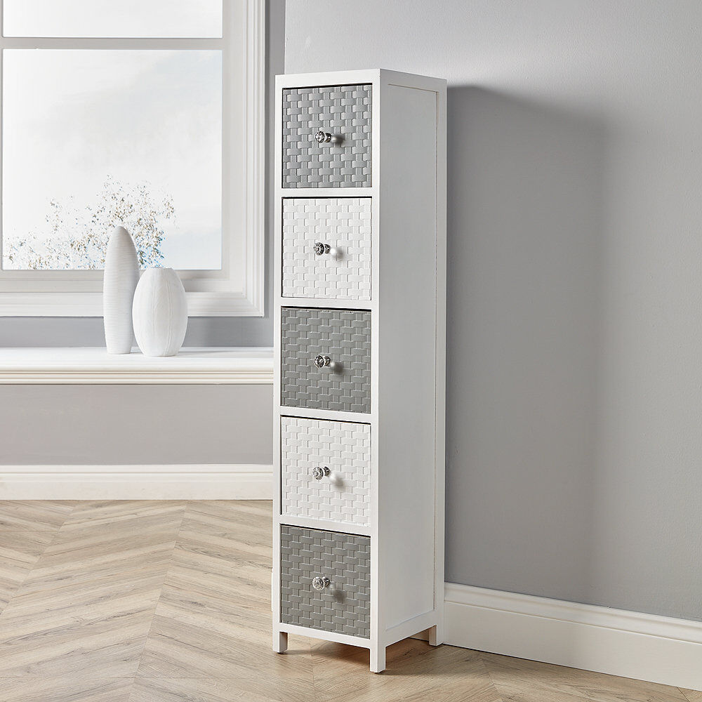 August Grove Carter Fully Assembled 5 Drawer Grey White Narrow Storage Chest Grey;White 112cm H X 24cm W X 25cm D