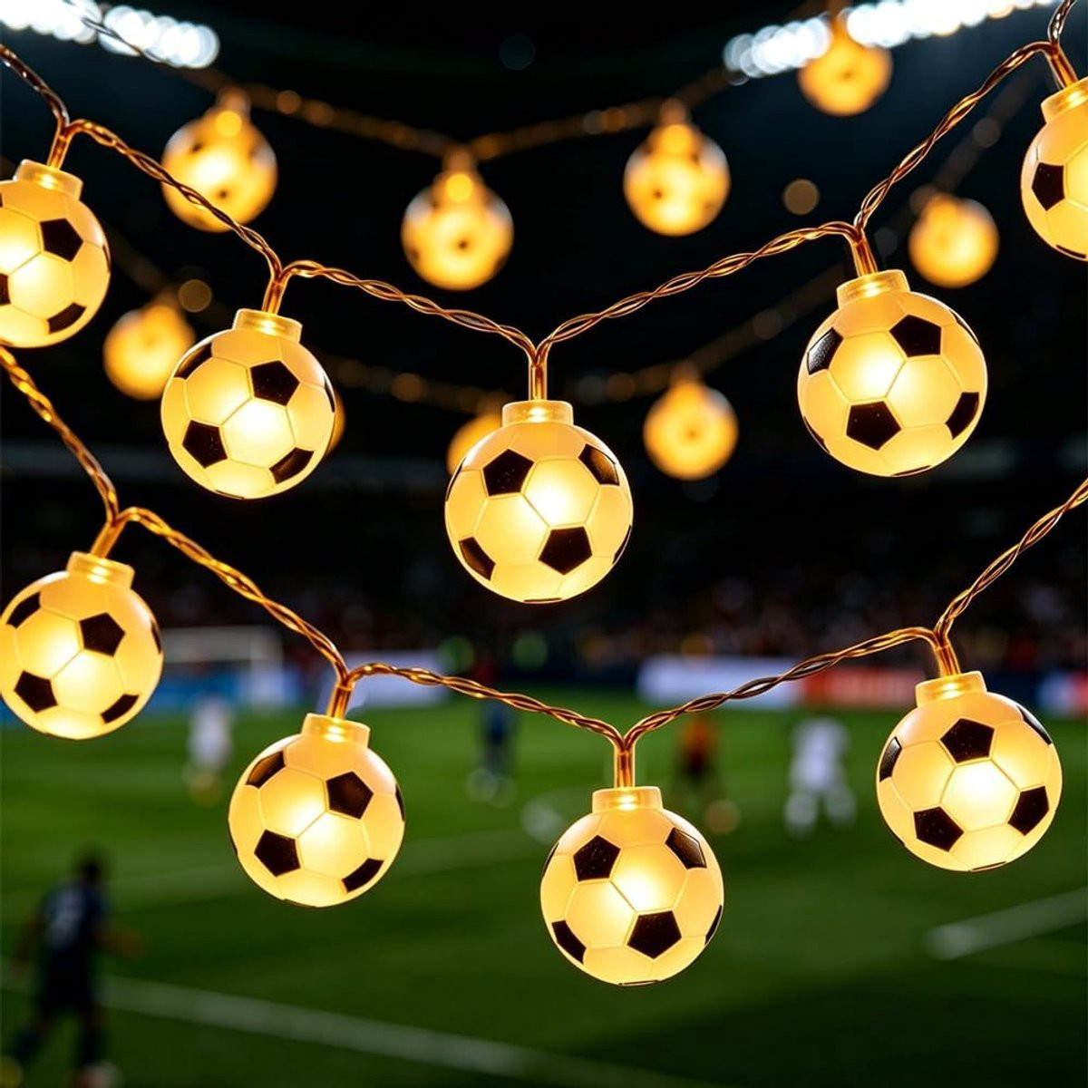 Voetbal lichtsnoer met 10 warm witte LED voetballen, 1,5m, op batterijen